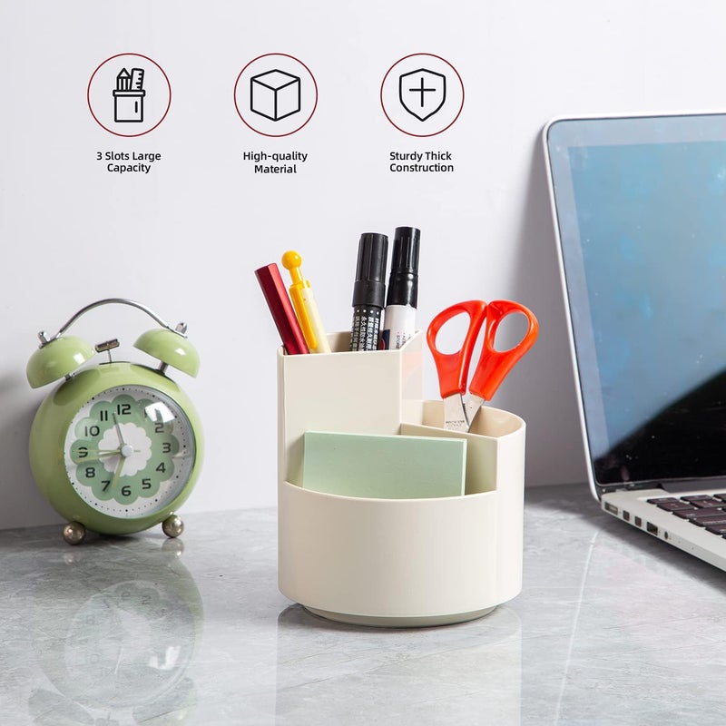 EDENMS Desk Pencil Pen Holder, 3 Slots 360-Degree Spinning Organizers, Desktop Storage Stationery Supplies, Cute Cup Pot for Office, School, Art Supply, Kids - White - Image 2